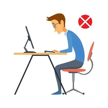 Correct body alignment in sitting working with computer. Wrong posture cause Stock Illustration