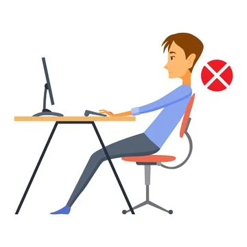 Correct body alignment in sitting working with computer. Wrong posture cause Stock Illustration