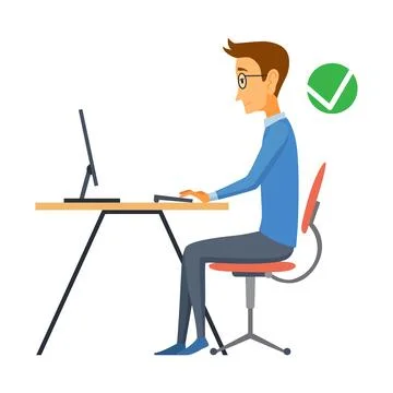 Correct body alignment in sitting working with computer. Wrong posture cause Stock Illustration