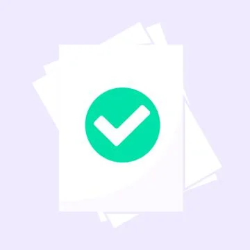 Correct document verification concept with paper sheets and green check mark Illustrazione stock