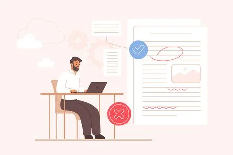 Correct grammar errors, edit text, proofreading process by corrector working Illustrazione stock