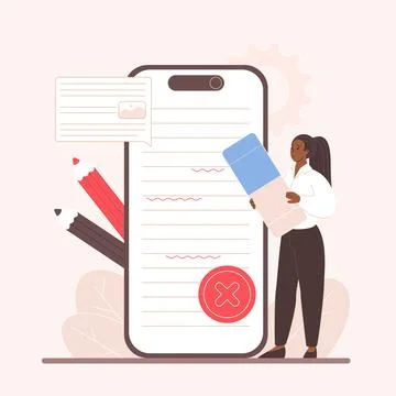Correct grammar errors, edit text, proofreading in mobile app by woman with Illustrazione stock