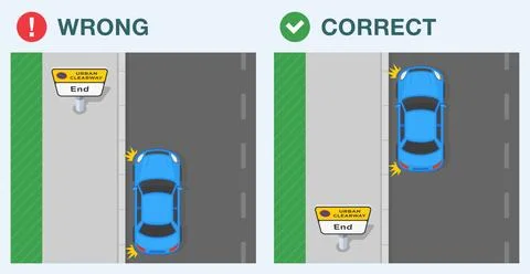 Correct, incorrect driving. Top view of a car stopped at "end of urban clearway" Stock Illustration