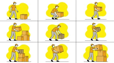 Correct Lifting Techniques for Safe Package Handling and Logistics. Stock Illustration