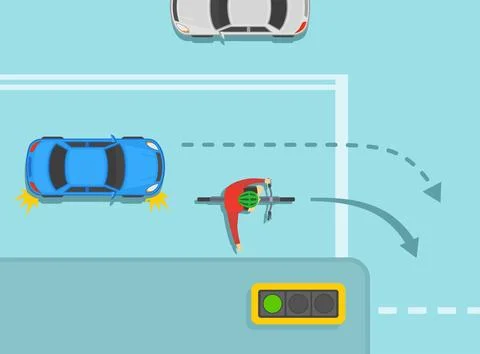 Correct right turn on traffic light. Giving way to cyclist on crossroads. Stock Illustration