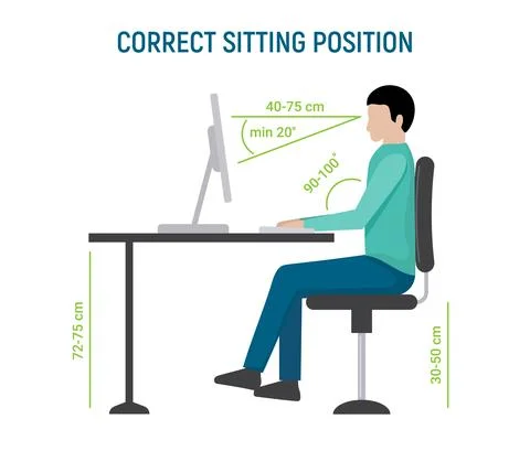 Correct sit position posture. Ergonomic computer desk correct posture business Stock Illustration