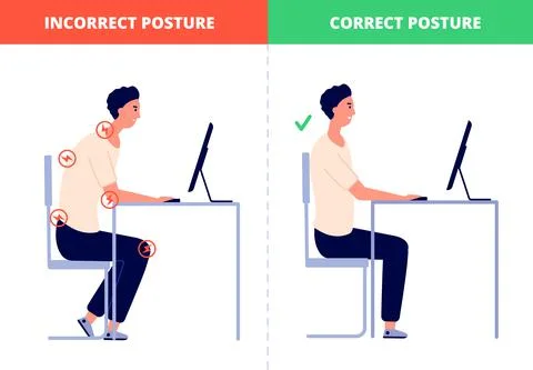 Correct sitting. Computer posture, office ergonomics at work desk. Proper Stock Illustration