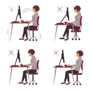 Correct sitting position, office desk posture, vector Stock Illustration