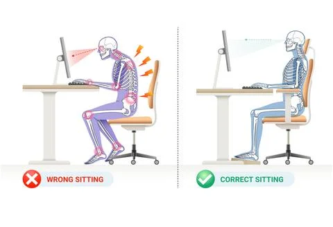Correct sitting posture at desk and Wrong sitting posture at desk. Stock Illustration