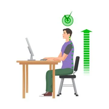 Correct spine posture sitting at computer Stock Illustration