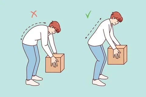 Correct technique of lifting heavy box Stock Illustration