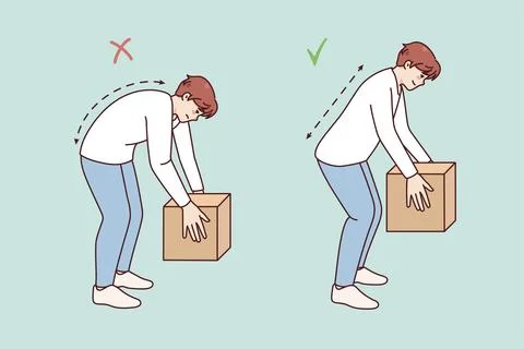 Correct technique of lifting heavy packages. Man lift box wrong and right. Back イラスト素材