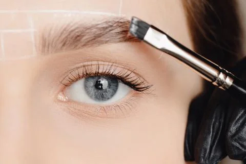 Correction and tint of eyebrows, master applies brush to woman marking on brow 스톡 사진