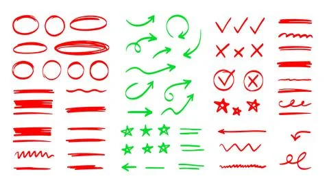 Correction mark highlight set brush stroke style red green color feedback 스톡 일러스트