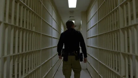 Correction officer walking down row of jail cells Stock Footage 244668118