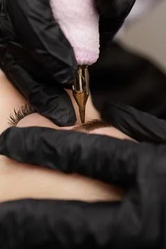Correction of permanent eyebrow makeup, second PMU procedure Stock Photos