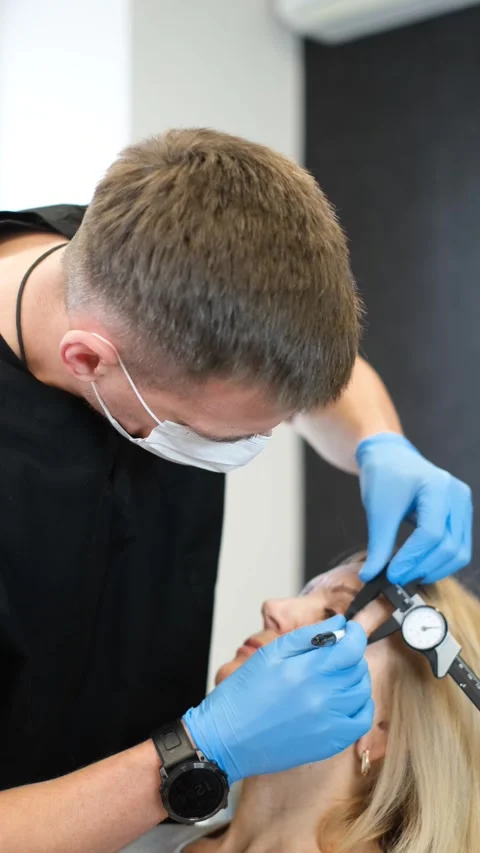 Correction of the upper third of the face with a surgical mask. Vertical video Stock Footage 248412632