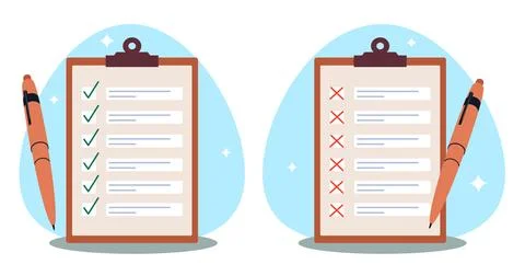 Correctly and incorrectly filled out checklist. Notebook paper with notes Illustrazione stock