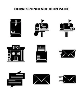 Correspondence Glyph Set Icons Pack Stock Illustration