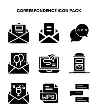 Correspondence Glyph Set Icons Pack Stock Illustration