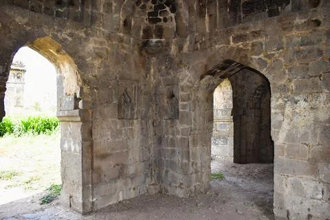 Corridor arches built with basalt stone entrance Gate of Bagh Rauza,  Bagh .. Stock Photos