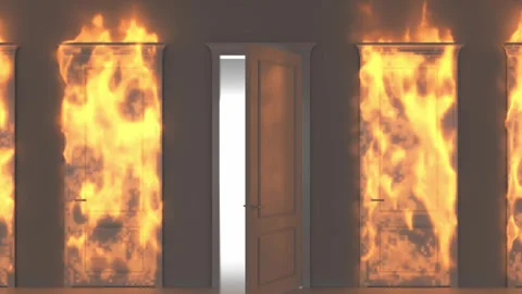 A corridor with burning doors and an exit to freedom. Video stock 253408277