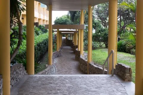 Corridor, columns, tropical Stock Photos