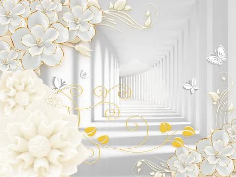 Corridor, columns, white and large beige flowers, white butterflies Stock Illustration