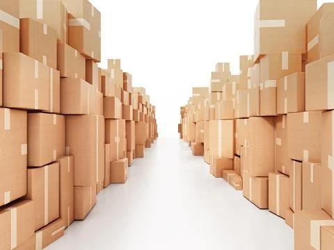 Corridor consisting of cardboard boxes. 3D illustration Illustrazione stock