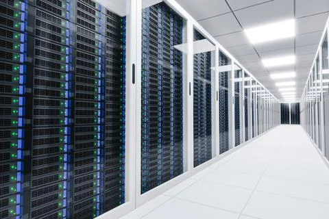 Corridor of a data center server room 3d render 스톡 사진