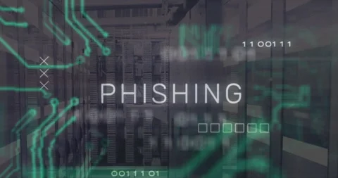 On corridor dimming 3D circuits emerging on server racks illuminating PHISHING Stock Footage 312897393