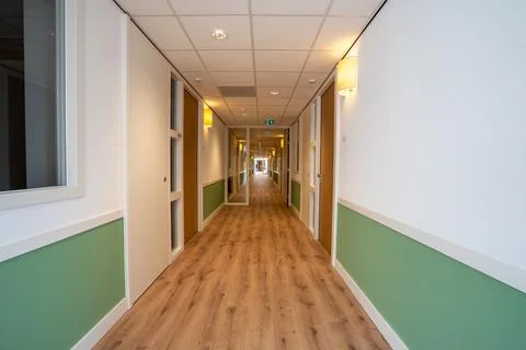 Corridor with doors on both sides. The floor is made of wood and the walls ar Stock Photos