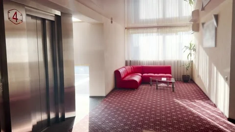 Corridor doors, elevators and sofas in the hotel. Coziness and comfort: the Video stock 236102498