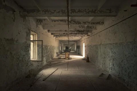 Corridor of the DUGA radar array site in Chernobyl Exclusion Zone of Alienation 스톡 사진