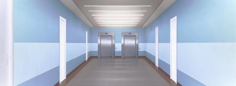 Corridor in empty building with elevator and doors Ilustración de archivo