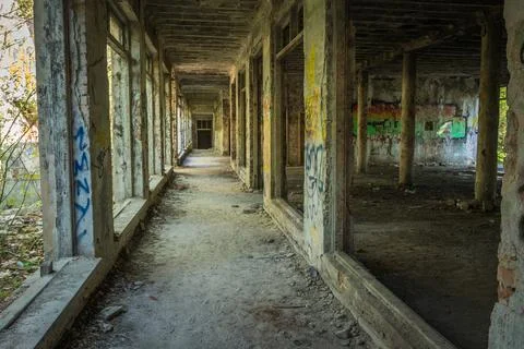 A corridor in an empty, neglected and abandoned building Stock Photos