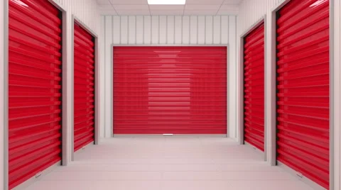 Corridor full of storage units with red door and siding panels on walls. Vidéo 58596271