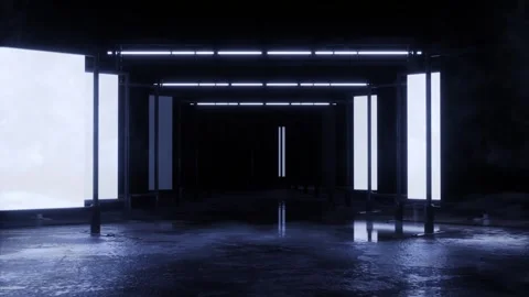 Corridor of glowing side panels under ceiling light bars Stock Footage 346782498