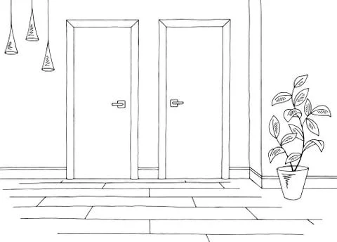 Corridor graphic black white interior sketch illustration vector Stock Illustration