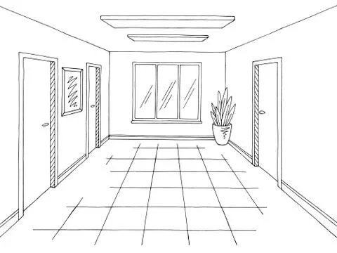 Corridor graphic black white interior sketch illustration vector  Stock Illustration
