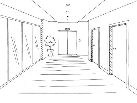 Corridor graphic black white interior sketch illustration vector Stock Illustration