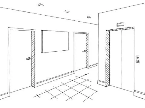 Corridor graphic black white interior sketch illustration vector Stock Illustration