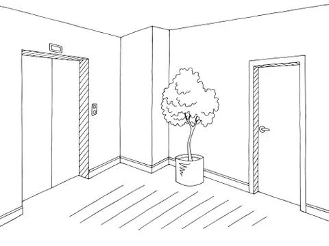 Corridor graphic black white interior sketch illustration vector Stock Illustration