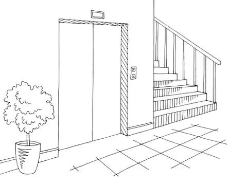 Corridor graphic black white interior sketch illustration vector Stock Illustration