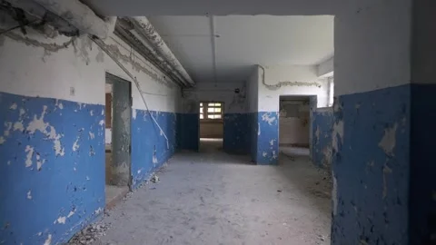 Corridor. Interior of old abandoned school. Gross Friedrichsdorf. Koenigsberg Stock-Footage 241367733