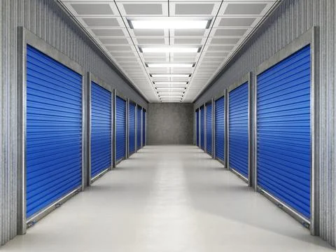 Corridor leading to self storage units 3D illustration Stock Illustration