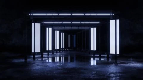 Corridor lined with glowing side panels and dark pillars Stock Illustration