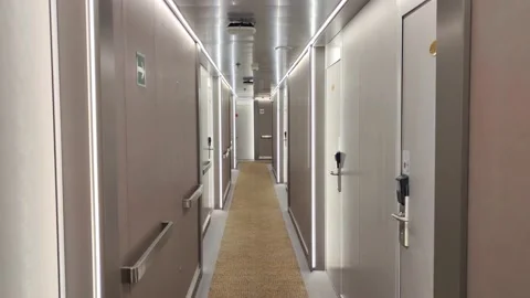 Corridor of a modern style passenger ship moving through the baibens of the s Stock Footage 201543076