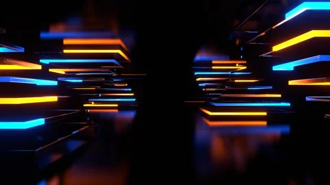 Corridor of Moving Orange and Blue Neon Triangular Shapes in 4K Stock Footage 283840641