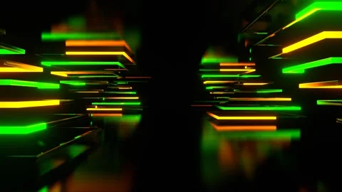 Corridor of Moving Orange and Green Neon Triangular Shapes in 4K Stock Footage 283840680
